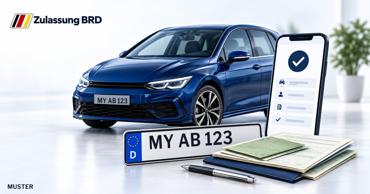 Online Fahrzeugzulassung in Bendorf: Musterkennzeichen MY AB 123, Auto und Fahrzeugpapiere und Smartphone. Illustration mit Logo von Zulassung BRD.